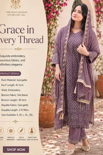 Women's mauve georgette embroidered straight kurta set with pant and dupatta