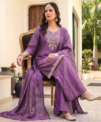 Women's purple silk blend embroidered straight kurta set with palazzo and dupatta 4