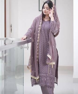 Women's mauve georgette embroidered straight kurta set with pant and dupatta 3