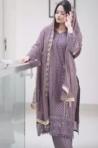 Women's mauve georgette embroidered straight kurta set with pant and dupatta