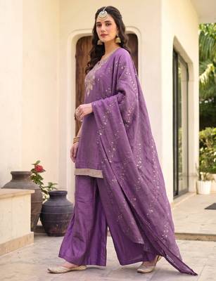 Women's purple silk blend embroidered straight kurta set with palazzo and dupatta 5
