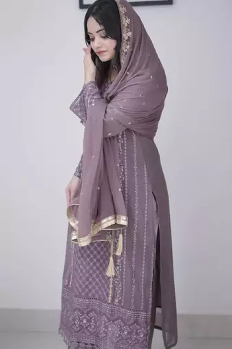 Women's mauve georgette embroidered straight kurta set with pant and dupatta