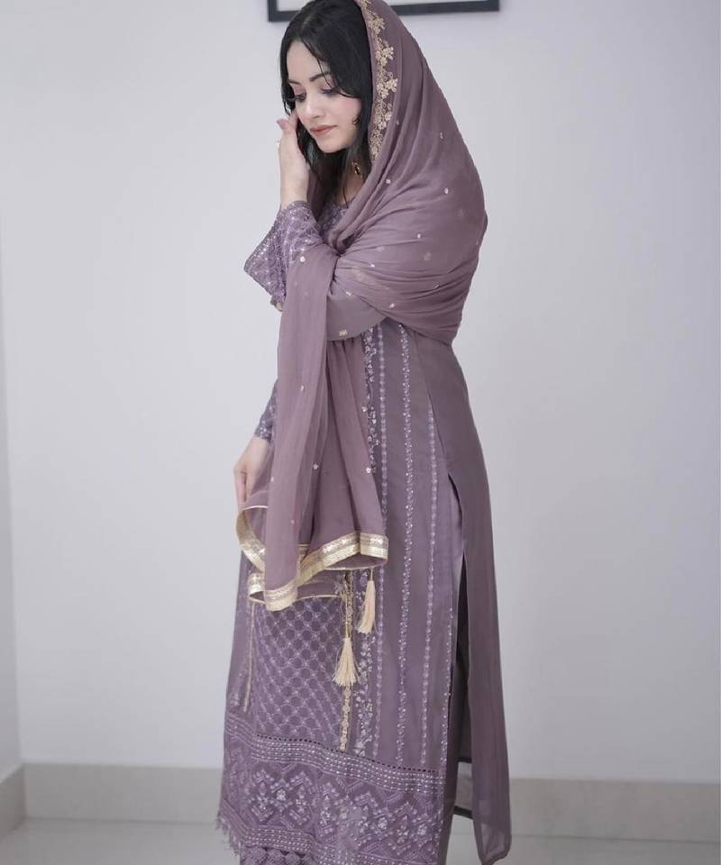 Women's mauve georgette embroidered straight kurta set with pant and dupatta