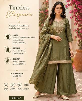 Women's olive silk blend embroidered straight kurta set with palazzo and dupatta 2