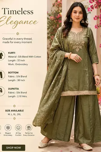 Women's olive silk blend embroidered straight kurta set with palazzo and dupatta