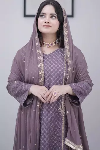 Women's mauve georgette embroidered straight kurta set with pant and dupatta