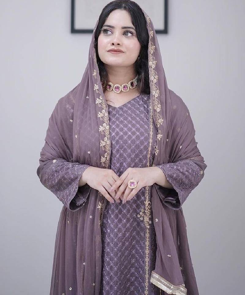 Women's mauve georgette embroidered straight kurta set with pant and dupatta
