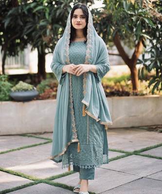 Women's sky blue georgette embroidered straight kurta set with pant and dupatta 1