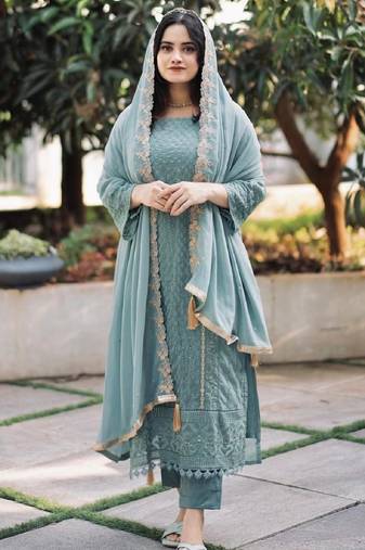 Women's sky blue georgette embroidered straight kurta set with pant and dupatta