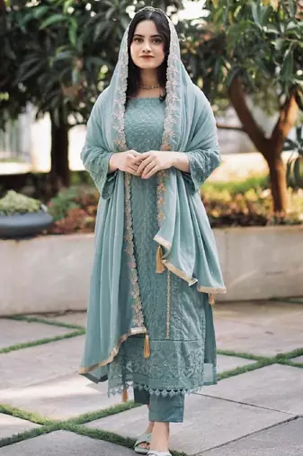 Women's sky blue georgette embroidered straight kurta set with pant and dupatta