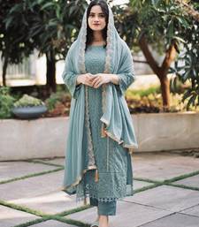 Women's sky blue georgette embroidered straight kurta set with pant and dupatta