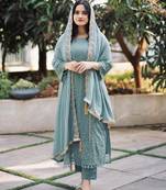 Women's sky blue georgette embroidered straight kurta set with pant and dupatta