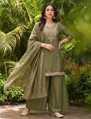 Women's olive silk blend embroidered straight kurta set with palazzo and dupatta 4