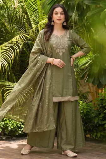 Women's olive silk blend embroidered straight kurta set with palazzo and dupatta