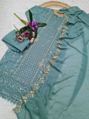 Women's sky blue georgette embroidered straight kurta set with pant and dupatta 2