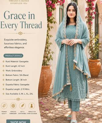Women's sky blue georgette embroidered straight kurta set with pant and dupatta 2