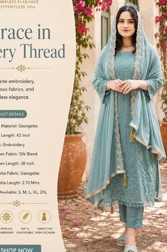 Women's sky blue georgette embroidered straight kurta set with pant and dupatta
