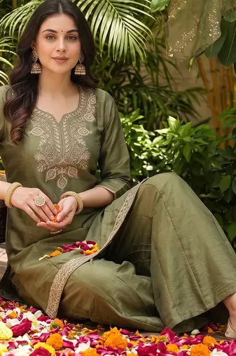 Women's olive silk blend embroidered straight kurta set with palazzo and dupatta