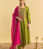 Women's olive silk blend embroidered straight kurta set with pant and dupatta