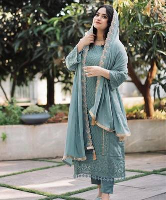Women's sky blue georgette embroidered straight kurta set with pant and dupatta 3