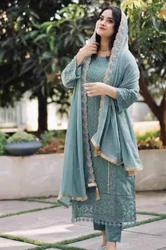 Women's sky blue georgette embroidered straight kurta set with pant and dupatta