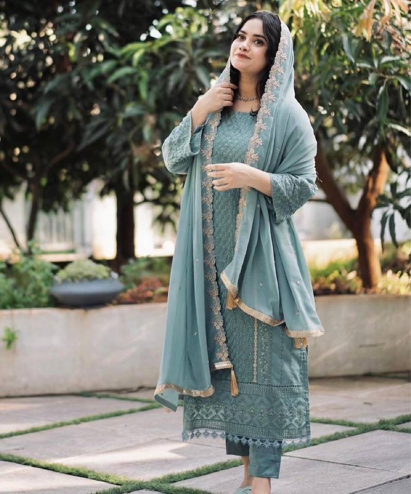 Women's sky blue georgette embroidered straight kurta set with pant and dupatta