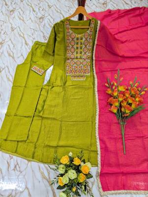 Women's olive silk blend embroidered straight kurta set with pant and dupatta 2