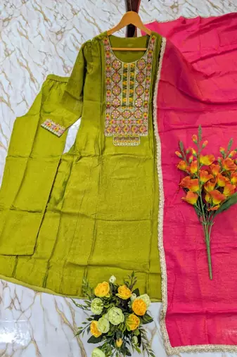 Women's olive silk blend embroidered straight kurta set with pant and dupatta