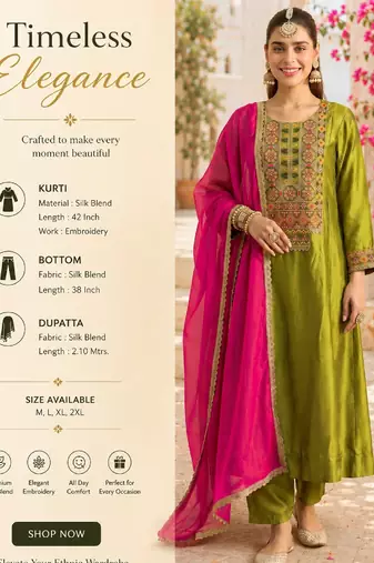 Women's olive silk blend embroidered straight kurta set with pant and dupatta