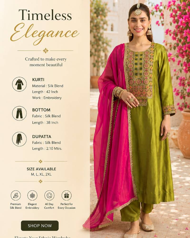 Women's olive silk blend embroidered straight kurta set with pant and dupatta
