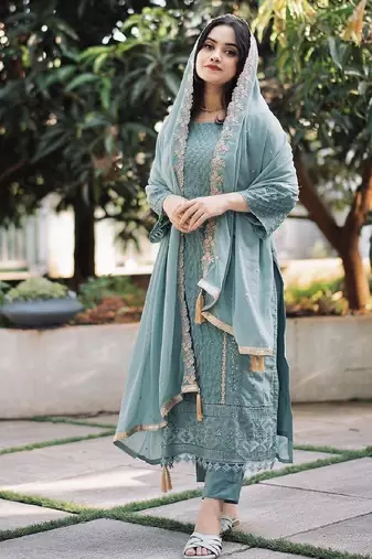 Women's sky blue georgette embroidered straight kurta set with pant and dupatta