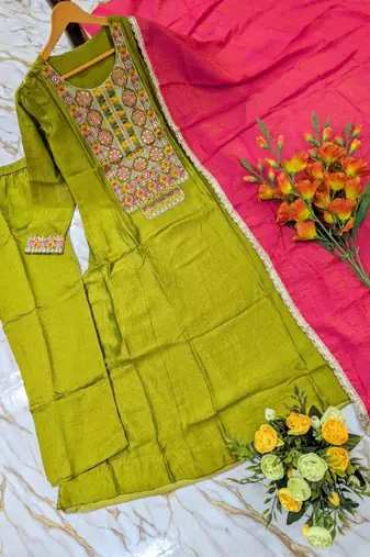 Women's olive silk blend embroidered straight kurta set with pant and dupatta
