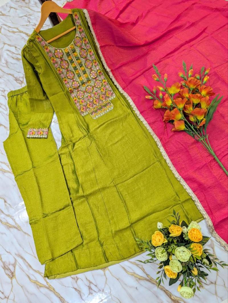 Women's olive silk blend embroidered straight kurta set with pant and dupatta