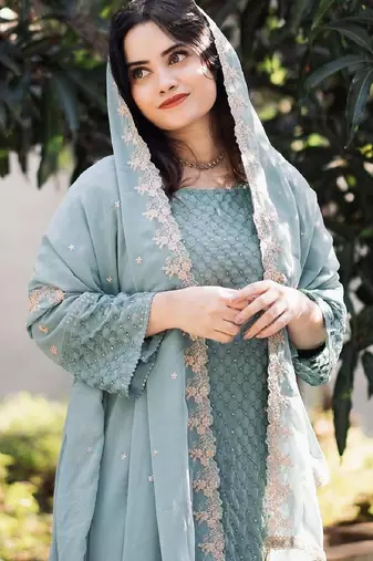 Women's sky blue georgette embroidered straight kurta set with pant and dupatta