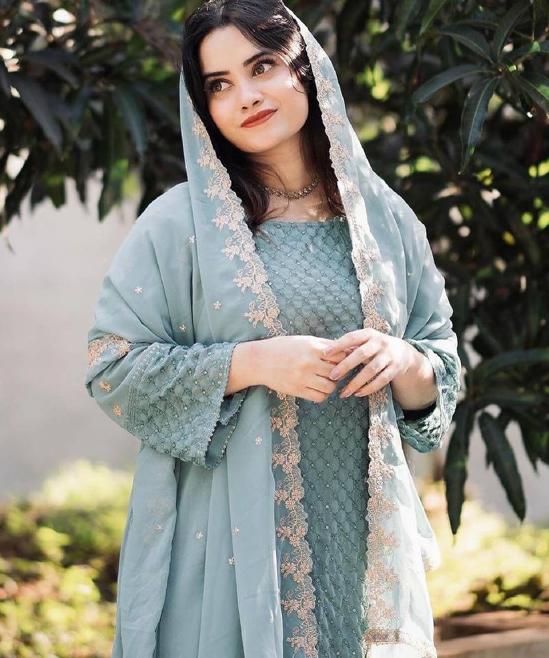 Women's sky blue georgette embroidered straight kurta set with pant and dupatta