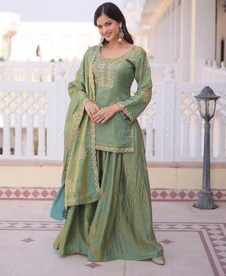 Women's light green silk blend embroidered kurta set with palazzo and dupatta 1