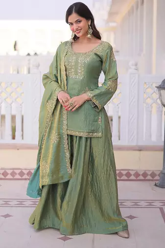 Women's light green silk blend embroidered kurta set with palazzo and dupatta