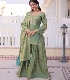 Women's light green silk blend embroidered kurta set with palazzo and dupatta