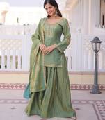 Women's light green silk blend embroidered kurta set with palazzo and dupatta