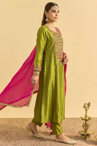 Women's olive silk blend embroidered straight kurta set with pant and dupatta