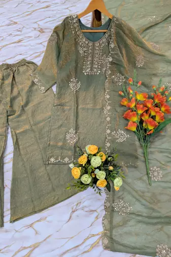 Women's light green silk blend embroidered kurta set with palazzo and dupatta