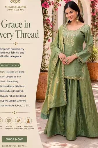Women's light green silk blend embroidered kurta set with palazzo and dupatta