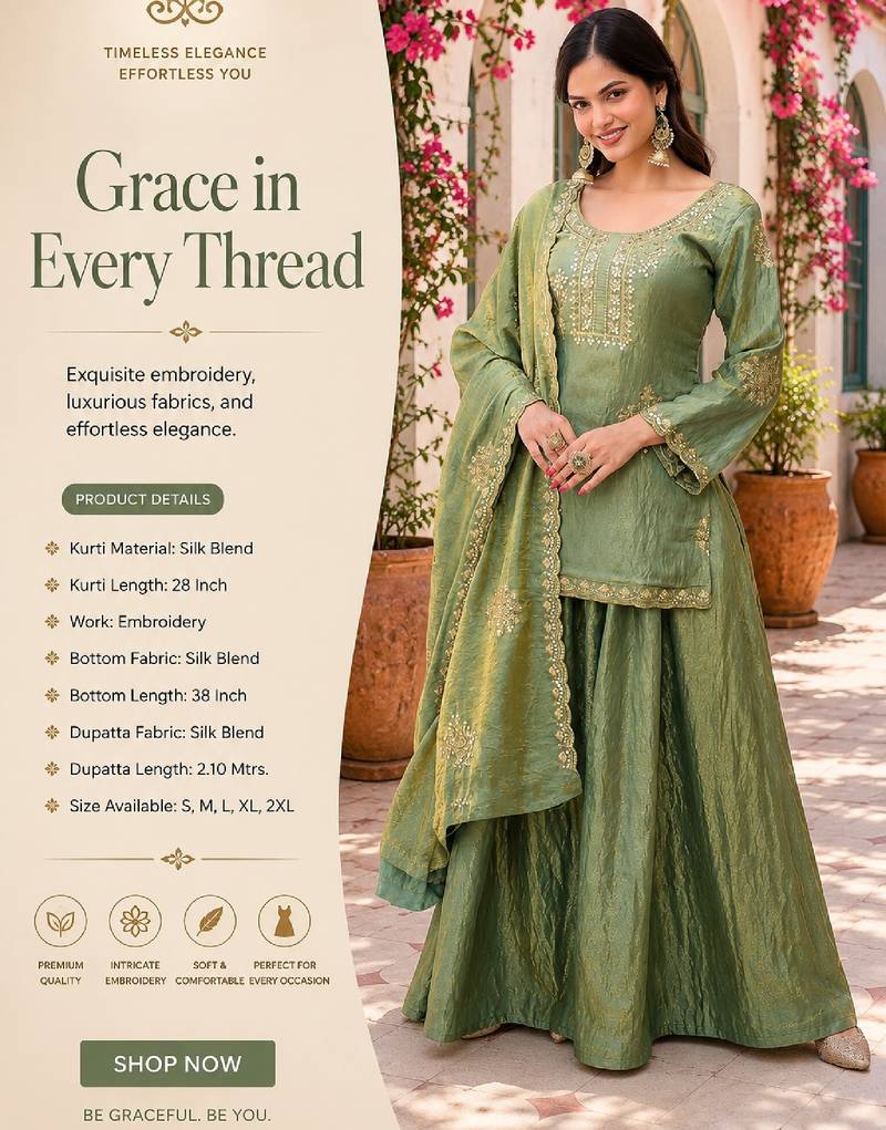Women's light green silk blend embroidered kurta set with palazzo and dupatta