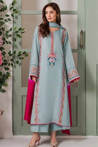 Women's light blue crepe embroidered straight kurta set with pant and dupatta