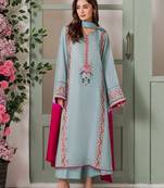 Women's light blue crepe embroidered straight kurta set with pant and dupatta
