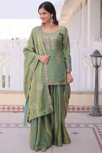 Women's light green silk blend embroidered kurta set with palazzo and dupatta