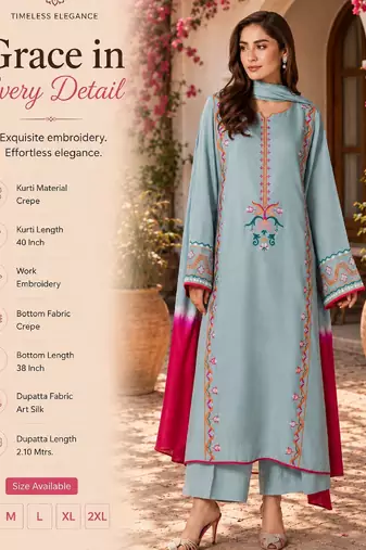 Women's light blue crepe embroidered straight kurta set with pant and dupatta