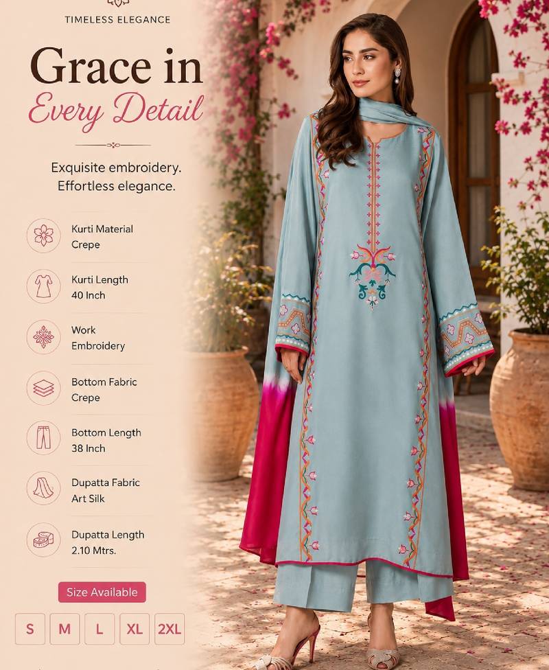 Women's light blue crepe embroidered straight kurta set with pant and dupatta