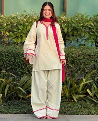 Women's off white cotton embroidered straight kurta set with pant and dupatta 1