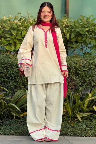Women's off white cotton embroidered straight kurta set with pant and dupatta